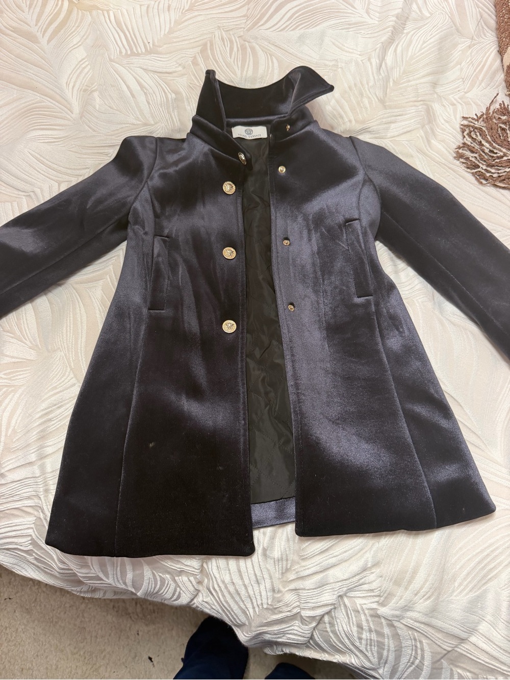 Versace Black Velvet Pea Coat with Gold Buttons